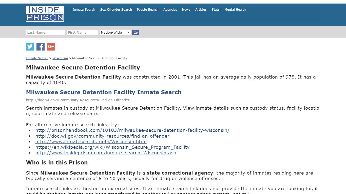 Milwaukee Secure Detention Facility - Inmate Search